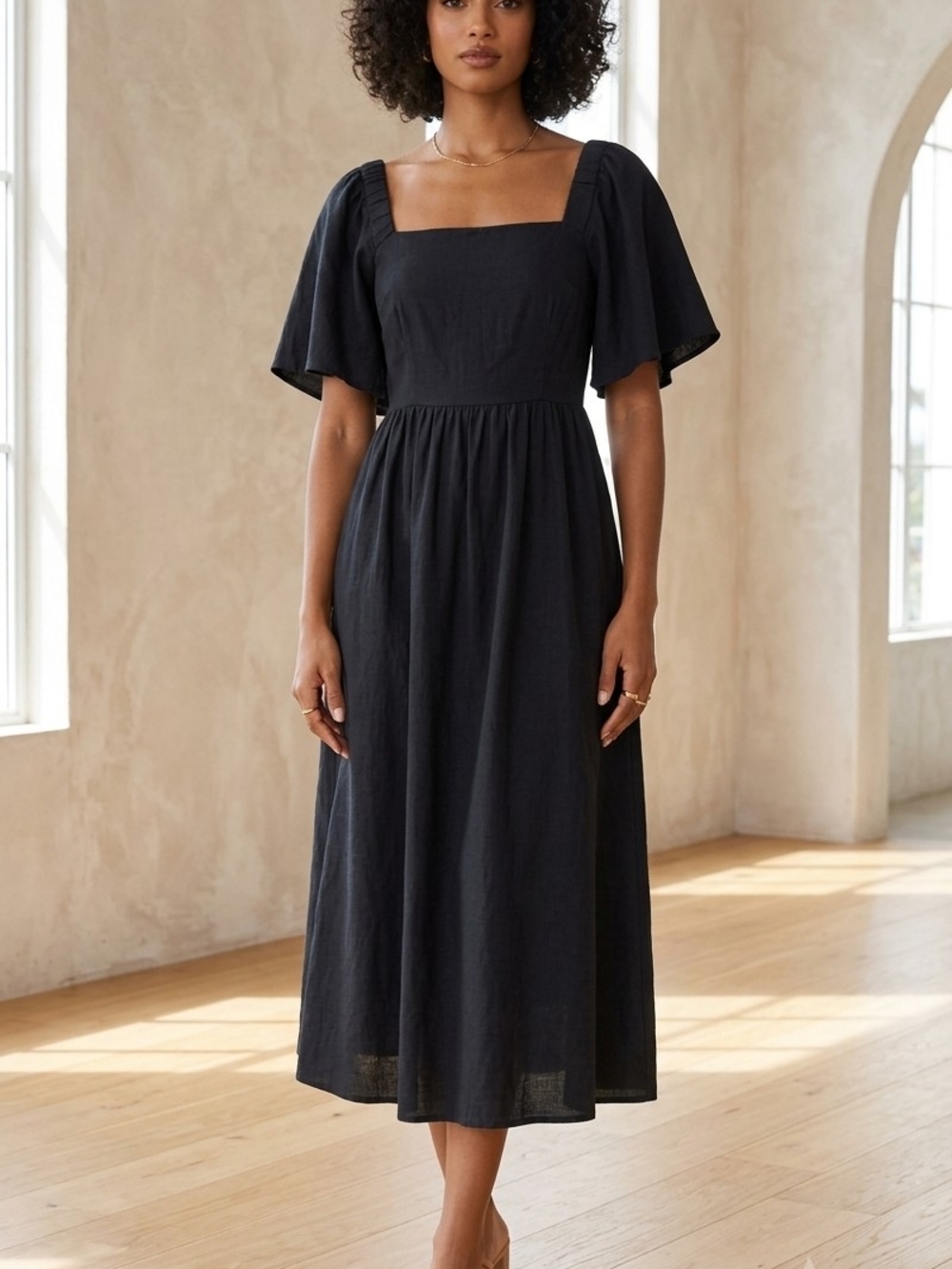 a new day Black Square-Neck Midi Dress with Flutter Sleeves